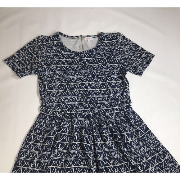 Lularoe Amelia Xl Blue Geometric Fit & Flare Short Sleeve Poly Blend Dress - Picture 3 of 8